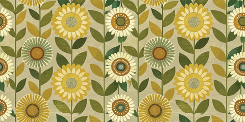 Fototapeta premium Floral pattern featuring sunflowers and leaves in earthy tones.