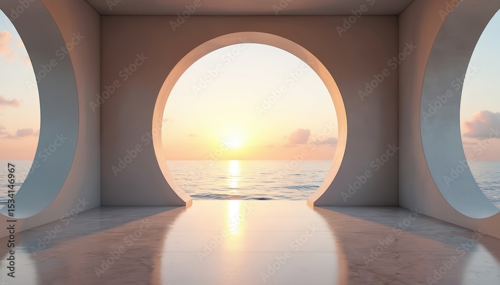 Poster Minimalist architectural interior room with sea view at sunset. Empty space with round windows looking out over ocean landscape. Modern design background in white concrete with minimalistic style.