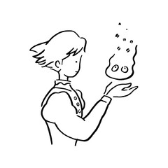 Young person holding a fire spirit, whimsical fantasy art