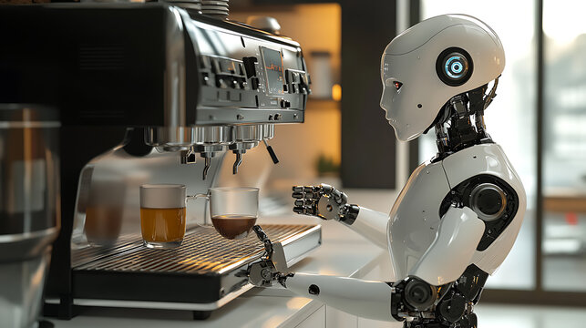 Robot Operating a Coffee Machine in a Modern Setting - Powered by Adobe