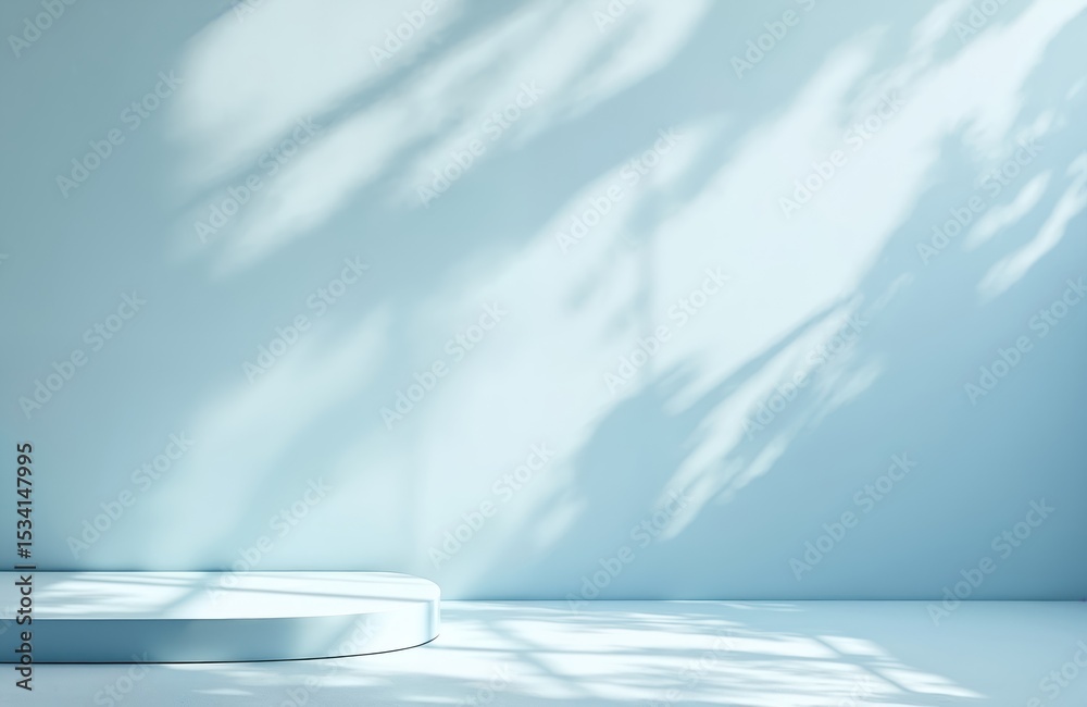 Poster blue studio backdrop with podium for product presentation. summer display with sunlight shadow on ce