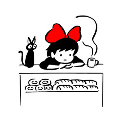 Girl with red bow and black cat at a bakery, charming scene