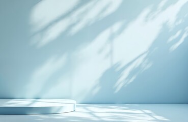 Blue studio backdrop with podium for product presentation. Summer display with sunlight shadow on cement floor, modern interior background. Empty space for cosmetic products, beauty, advertising