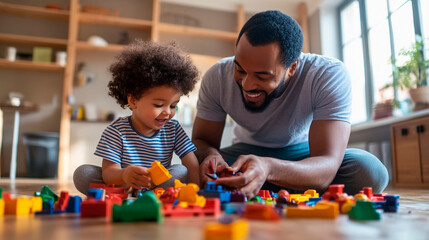 A father and son playing with colorful blocks on the floor in a brightly lit living room at home