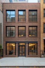 Modern brick building with large windows showcases urban architecture in a cityscape during afternoon light with minimal landscaping