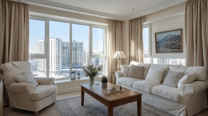 Fototapeta premium Sillones blancos y sofá de tela frente a una ventana con cortinas beige. Diseño de interiores de una sala de estar moderna.