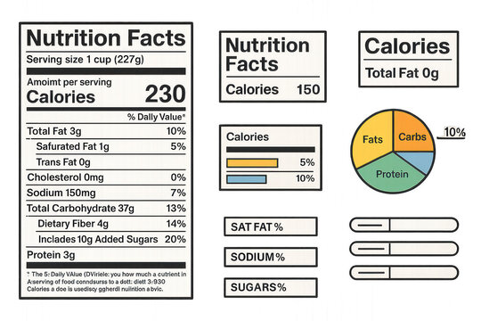 Nutrition label template featuring bold text for easy readability and key nutrient breakdown, including calories and serving sizes, isolated on transparent background.