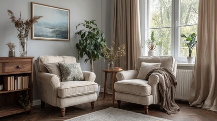 Fototapeta premium Sillones blancos y sofá de tela frente a una ventana con cortinas beige. Diseño de interiores de una sala de estar moderna.