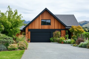 Obraz premium Modern wooden house with landscaped garden situated in a peaceful rural area on a cloudy day showcasing contemporary design and natural beauty
