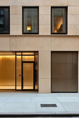 Fototapeta premium Modern architectural design featuring a minimalist facade with large windows and warm interior lighting in an urban setting during the evening