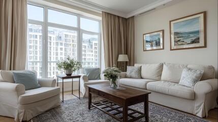 Fototapeta premium Sillones blancos y sofá de tela frente a una ventana con cortinas beige. Diseño de interiores de una sala de estar moderna.