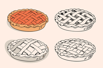America's most popular apple pie.  Whole homemade fruit pie. Vector color realistic illustration. Pie Icon on Transparent Background.