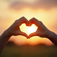Hands form heart shape against setting sun. Concept love, kindness, care, friendship. Bokeh background features golden hour sky. Valentine day celebration, symbol of love, support.