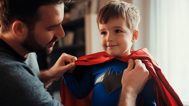 A father helping his son put on a superhero costume with a red cape and a bat symbol on the chest - Powered by Adobe
