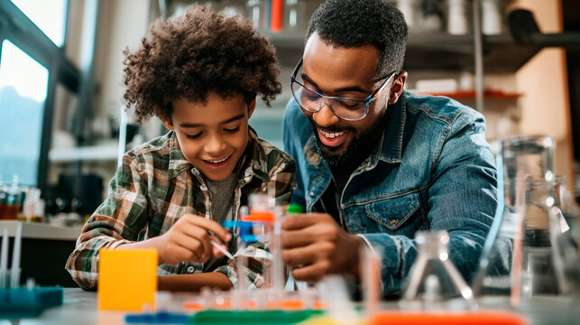 A father and son doing a science experiment together in a bright and modern looking laboratory