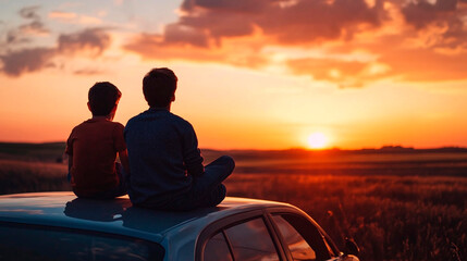 Two people sit on car roof watching sunset over horizon landscape in warm orange light together outside