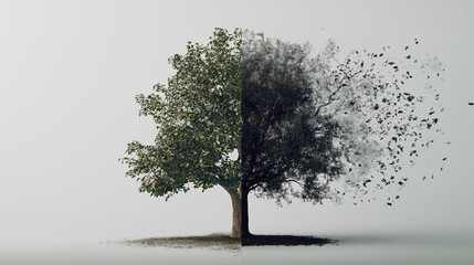 Split Tree Concept Depicting Environmental Destruction and Climate Change with One Side Green and Thriving the Other Burned and Ashen, Symbolizing Deforestation, Ecological Damage and Global Warming