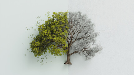 Split Tree Concept Depicting Environmental Destruction and Climate Change with One Side Green and Thriving the Other Burned and Ashen, Symbolizing Deforestation, Ecological Damage and Global Warming