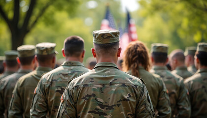 Fototapeta premium Group of soldiers in uniform on Memorial Day. People pay respects. American flags on background. Military personnel, civilians gather outdoors, honoring veterans heroes.