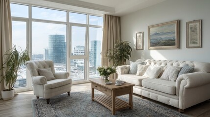 
Sillones blancos y sofá de tela frente a una ventana con cortinas beige. Diseño de interiores de una sala de estar moderna.
