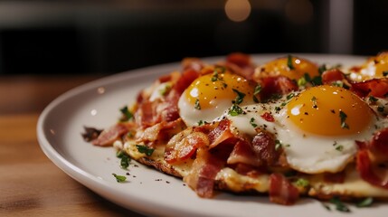 Delicious bacon and eggs breakfast close-up on a white plate background