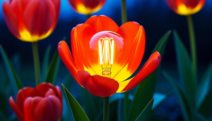 Bright red-yellow tulip with a bulb inside instead of a pistil. Macro shot, digital surrealism, fantasy style, evening scene
