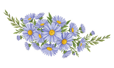 Fototapeta premium Blue Daisy Floral Arrangement Watercolor Illustration on transparent background