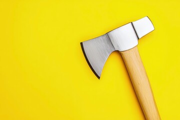 Yellow background polished axe with wooden handle, durable tool for chopping and outdoor survival