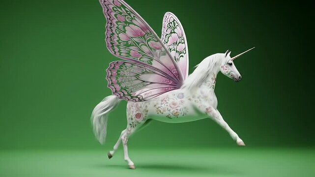 Flying unicorn green screen animation with butterfly wings and floral texture