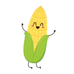 Corn cartoon vector. Cute vegetable vector character isolated on white. Corn mascot.