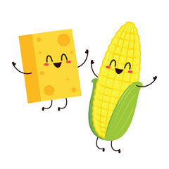 Corn and Cheese vector. Corn and Cheese character design. Corn on white background. Cube cheese.