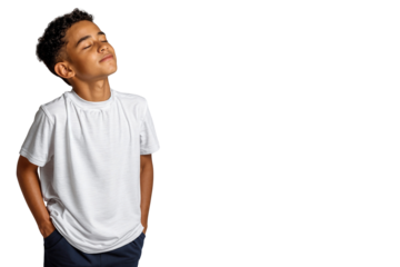 Peaceful young boy taking a deep breath with eyes closed, standing calmly with hands in pockets, isolated on transparent background