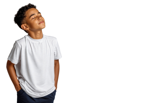 Peaceful young boy taking a deep breath with eyes closed, standing calmly with hands in pockets, isolated on transparent background