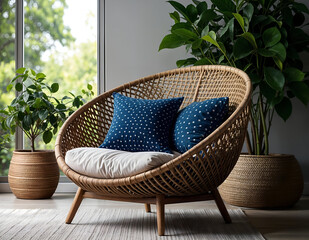 modern living room with sofa, armchair and a frame on background wall and plant in the room.