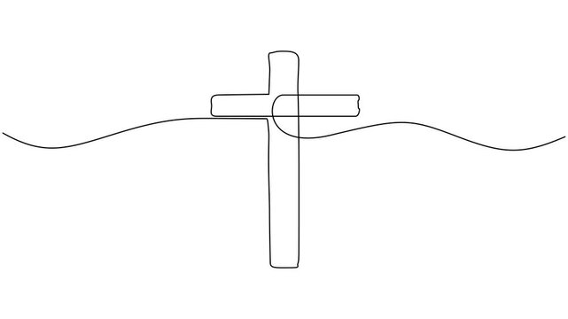Self drawing line animation Christian cross religion concept, Continuous editable drawing. One line christianity, orthodox cross. Animation on white background 4K.