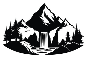 Fototapeta premium Black and White Mountain Landscape with Waterfall and Pine Trees Silhouette Vector Illustration