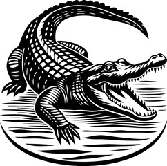 Detailed alligator with open mouth on water silhouette vector illustration