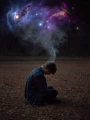 Mental burnout concept as a depressed lone person seated in empty field suffers distress. Dark smoke comes out of his head and transforms into a galaxy of thoughts