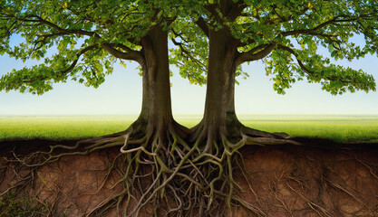 Two large trees with intertwined roots underground, stand tall in a  grassy field against a clear sky. Strong partnership, growing together, business collaboration and teamwork concept
