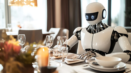 Robot seated at a dining table in a modern restaurant setting