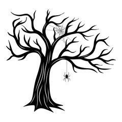 Obraz premium Bare spooky tree silhouette. Halloween element decoration creepy tree. Line art collection with spiderweb and spiders on tree