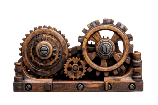 Industrial gear assembly with vintage bronze accents isolated on white or transparent background