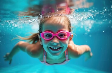 Naklejka premium Happy girl swims underwater in blue pool. Cheerful child dives wearing pink goggles, smiling. Fun water activity, summer vacation. Kids enjoying leisure. Swimming, diving, childhood, enjoyment.