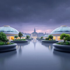 Futuristic Cityscape with Floating Dome Structures and Water Reflections
