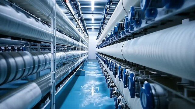 Industrial Interior With Parallel Pipes Blue Valves and Metallic Structures Under White Lighting