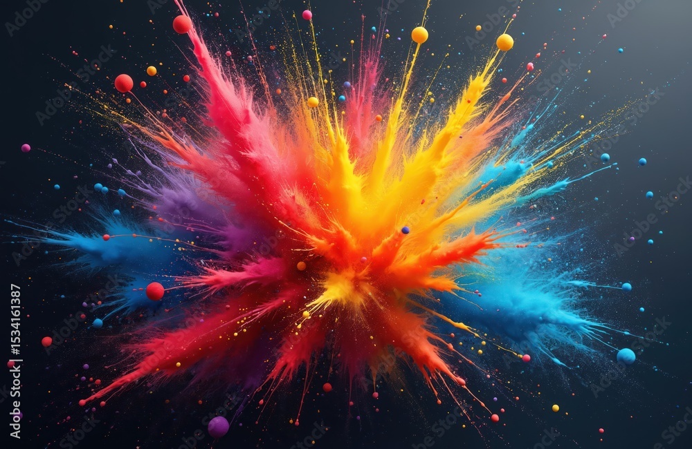 Poster Vibrant paint explosion against dark backdrop. Dynamic display of colors create energy. Abstract art piece, vivid bursts, multicolor splash. Creative design, festive celebration, visual impact. Ideal