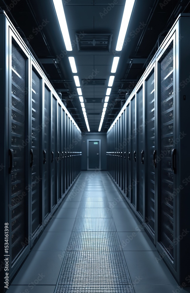 Aufkleber Modern server room with LED-lit racks. Computing center infrastructure. Digital data storage, network cabling. Cyber security, cloud computing, information technology. Futuristic, innovative data