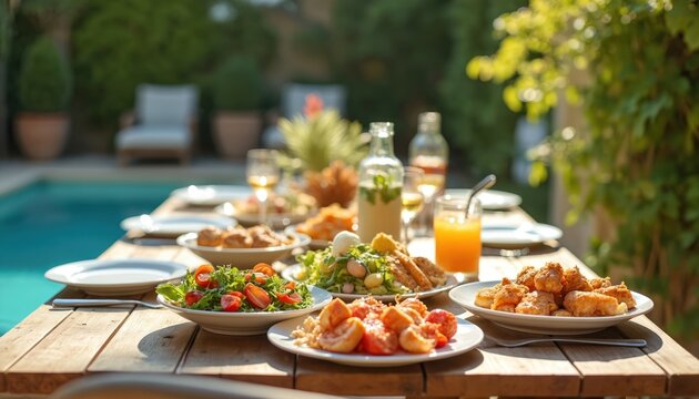 Outdoor meal table setting. Food dishes served for lunch, brunch, dinner at patio. Garden, pool background. Gathering with home cooking for weekend celebration.
