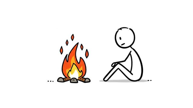 Stick figure sitting by campfire illustration