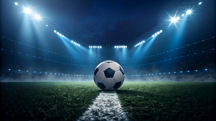 Soccer ball on stadium field under bright lights at night